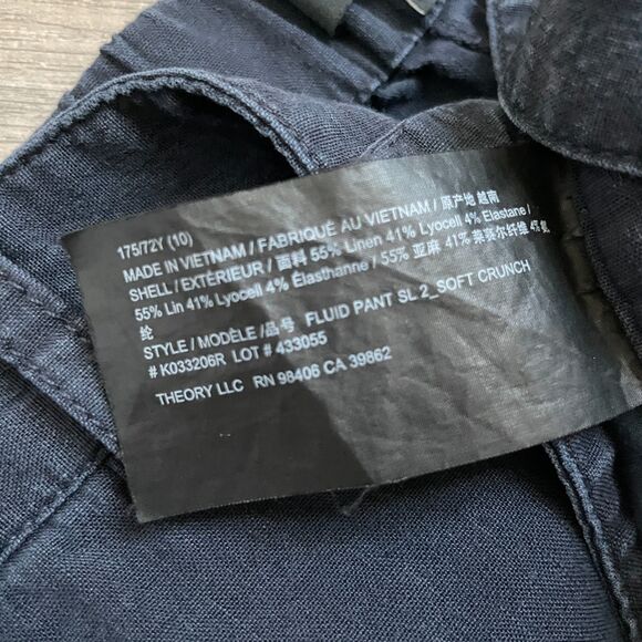 Theory Fluid Pant Soft Crunch linen blend navy pants elastic waist size 10 women - Picture 8 of 9